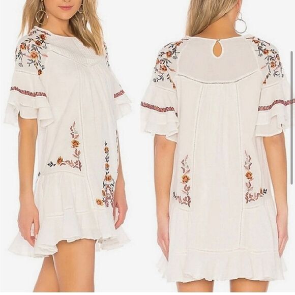 Free People PAVLO White Flutter Orange Floral Embroidered Boho Chic Mini Dress - Picture 6 of 16